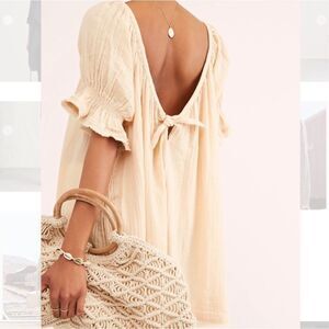 Free People Sz XS Charlie mini dress oversized cotton gauze puff sleeves bow